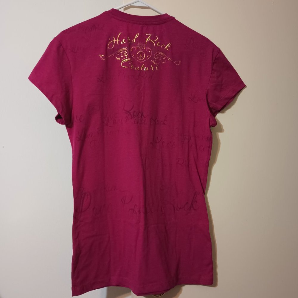 Newer Maroon Hard Rock Couture Short Sleeve Top with Gold Lettering (Size: XXL) - Picture 3 of 5